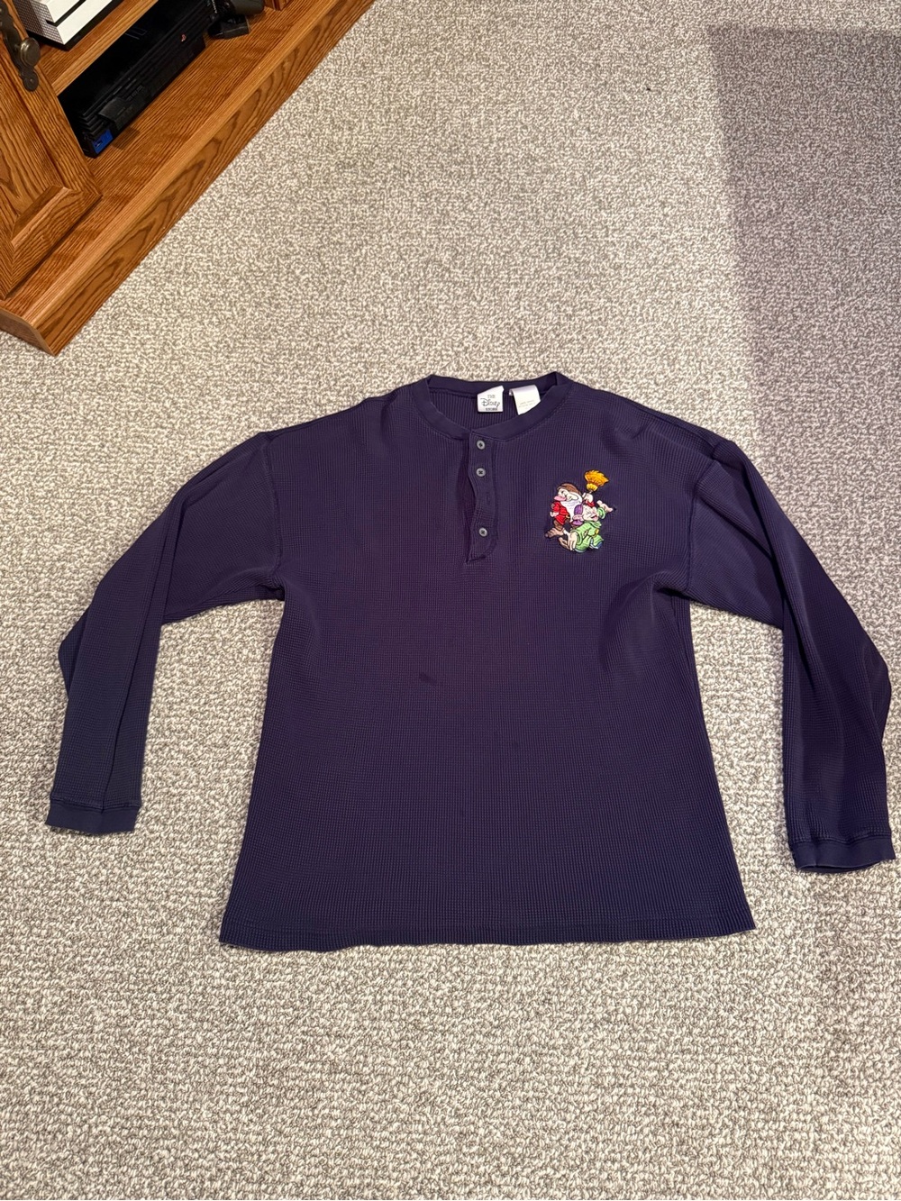 Vintage Blue Disney Store Grumpy Dopey Seven Dwarves Waffle Knit Shirt